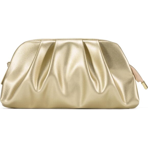 ⚡Women's Soft Pleated Vegan Leather Zipper Closure Evening Gold Clutch Bag - Picture 1 of 6